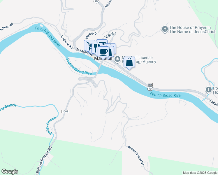 map of restaurants, bars, coffee shops, grocery stores, and more near 233 Cotton Mill Hill in Marshall