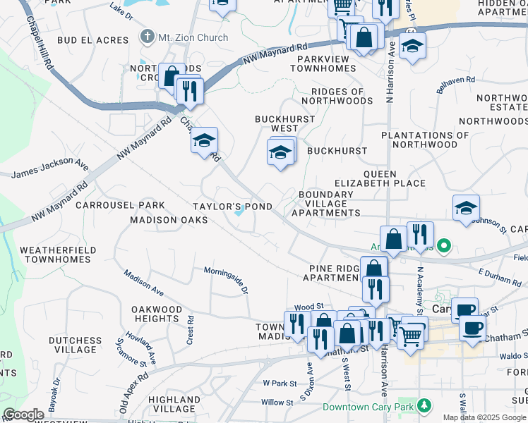 map of restaurants, bars, coffee shops, grocery stores, and more near 8855 Chapel Hill Road in Cary