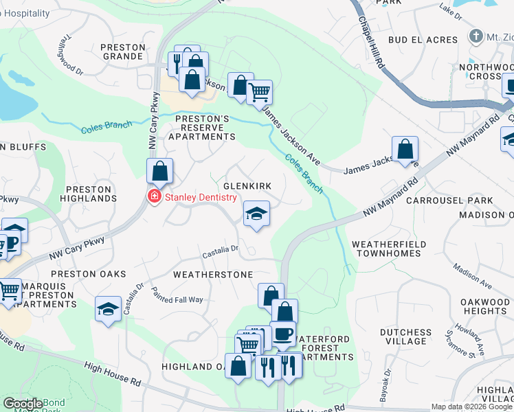 map of restaurants, bars, coffee shops, grocery stores, and more near in Cary