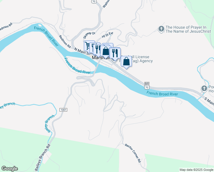 map of restaurants, bars, coffee shops, grocery stores, and more near 233 Cotton Mill Hill in Marshall