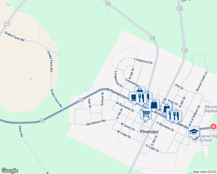 map of restaurants, bars, coffee shops, grocery stores, and more near 698 West Hamlet Street in Pinetops