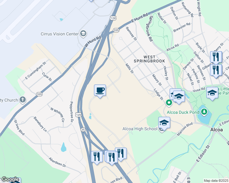 map of restaurants, bars, coffee shops, grocery stores, and more near 1636 Mills Street in Alcoa