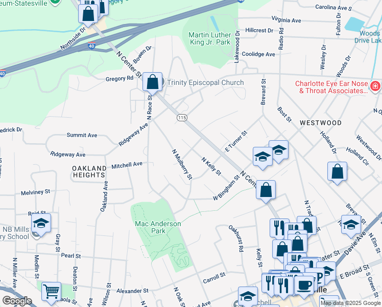 map of restaurants, bars, coffee shops, grocery stores, and more near 645 North Kelly Street in Statesville
