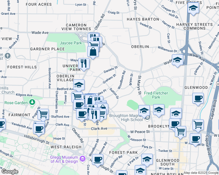 map of restaurants, bars, coffee shops, grocery stores, and more near in Raleigh