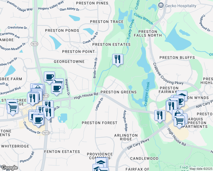 map of restaurants, bars, coffee shops, grocery stores, and more near 100 Bridle Creek Drive in Cary