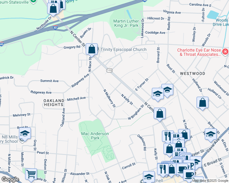map of restaurants, bars, coffee shops, grocery stores, and more near 645 North Kelly Street in Statesville
