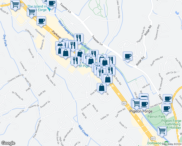 map of restaurants, bars, coffee shops, grocery stores, and more near 202 Mountain Vista Drive in Pigeon Forge