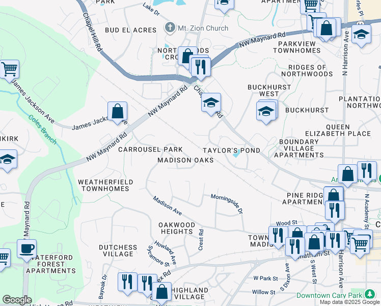 map of restaurants, bars, coffee shops, grocery stores, and more near 923 Madison Avenue in Cary