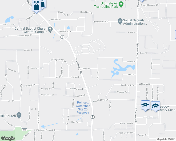 map of restaurants, bars, coffee shops, grocery stores, and more near 975 Links Drive in Jonesboro