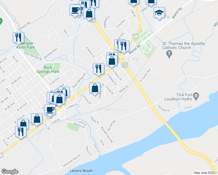 map of restaurants, bars, coffee shops, grocery stores, and more near 801 Bell Avenue in Lenoir City
