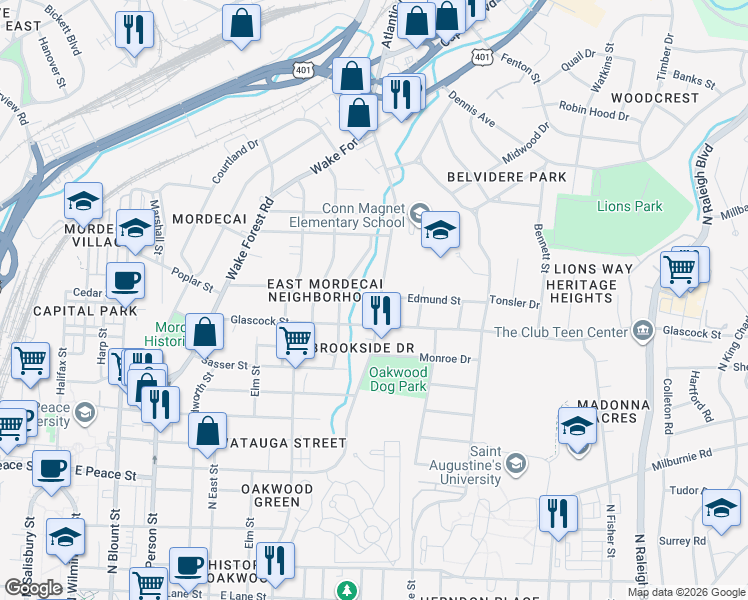 map of restaurants, bars, coffee shops, grocery stores, and more near 1120 Norris Street in Raleigh