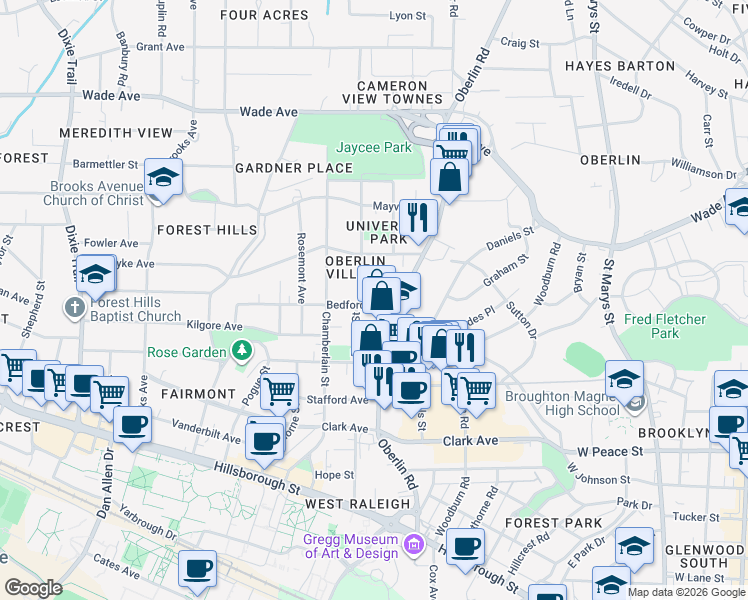 map of restaurants, bars, coffee shops, grocery stores, and more near 2216 Roberts Street in Raleigh
