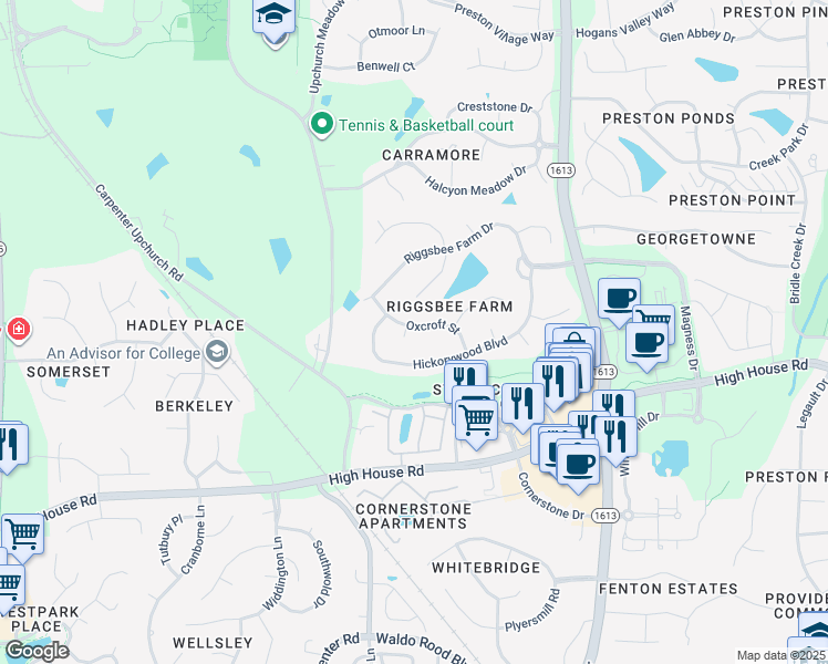 map of restaurants, bars, coffee shops, grocery stores, and more near 302 Oxcroft Street in Cary