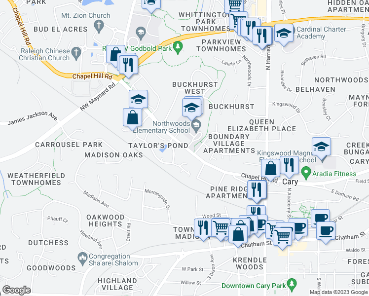 map of restaurants, bars, coffee shops, grocery stores, and more near 8849 Chapel Hill Road in Cary