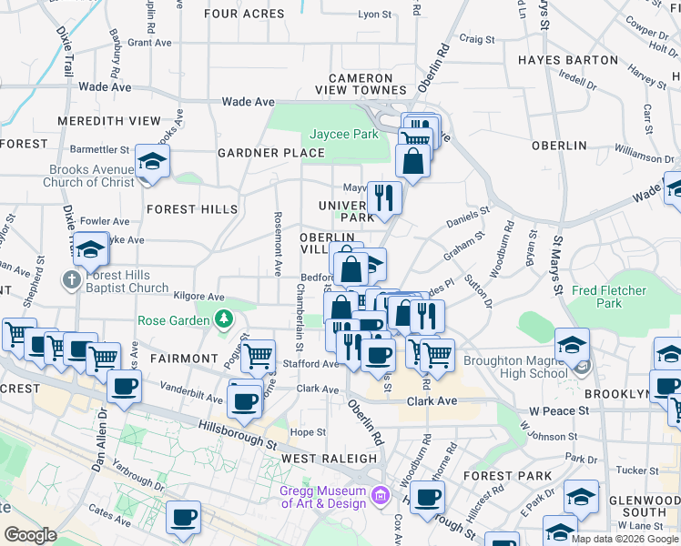 map of restaurants, bars, coffee shops, grocery stores, and more near 2216 Roberts Street in Raleigh
