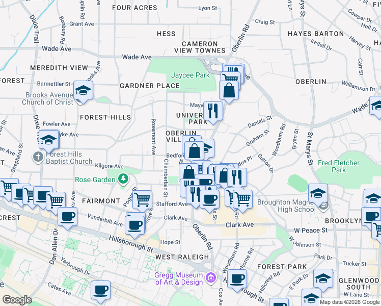 map of restaurants, bars, coffee shops, grocery stores, and more near 2216 Roberts Street in Raleigh