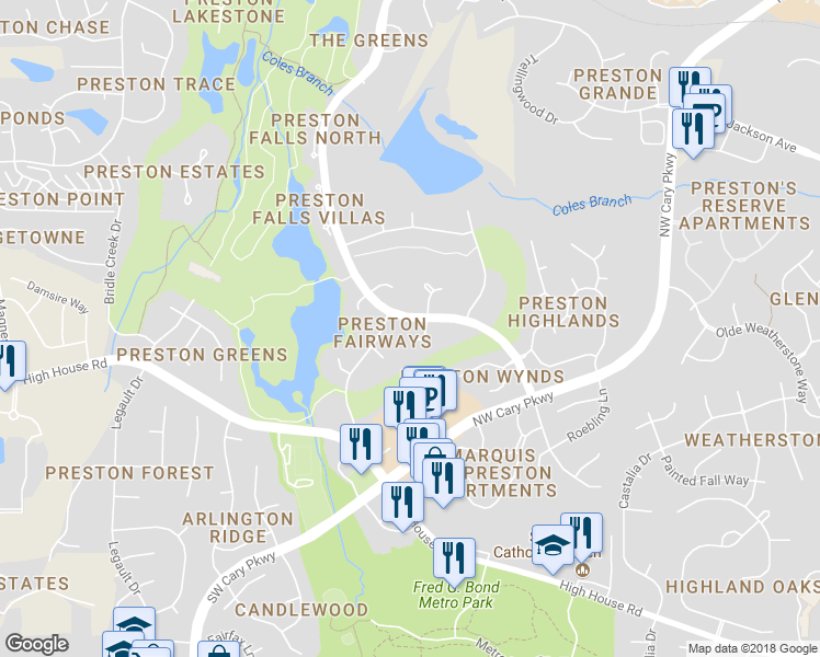map of restaurants, bars, coffee shops, grocery stores, and more near 102 Flying Hills Circle in Cary