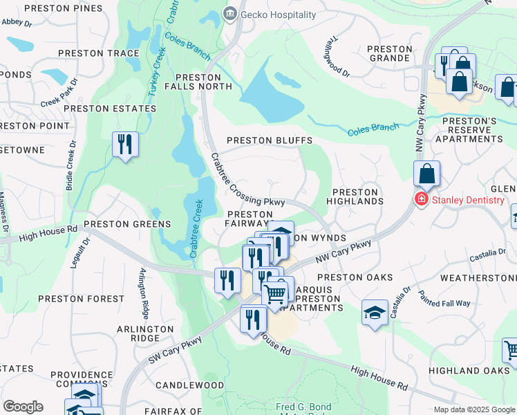 map of restaurants, bars, coffee shops, grocery stores, and more near 102 Flying Hills Circle in Cary