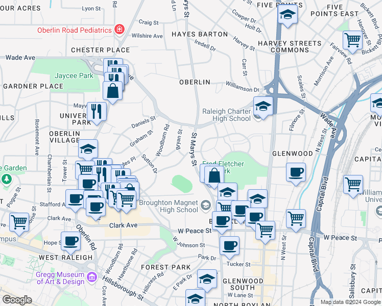 map of restaurants, bars, coffee shops, grocery stores, and more near 975 Saint Marys Street in Raleigh