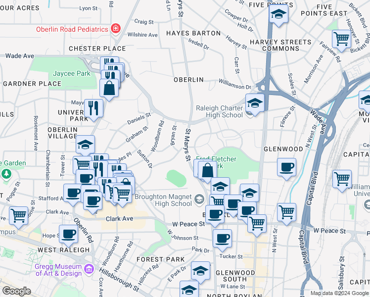 map of restaurants, bars, coffee shops, grocery stores, and more near 971 Saint Marys Street in Raleigh