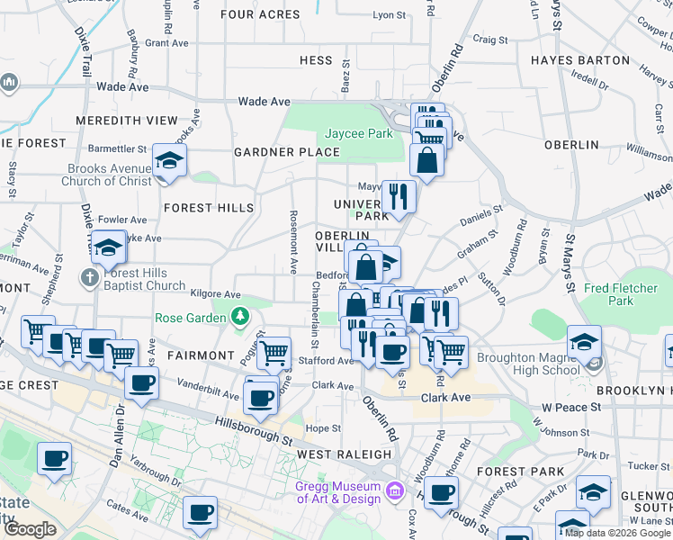 map of restaurants, bars, coffee shops, grocery stores, and more near in Raleigh