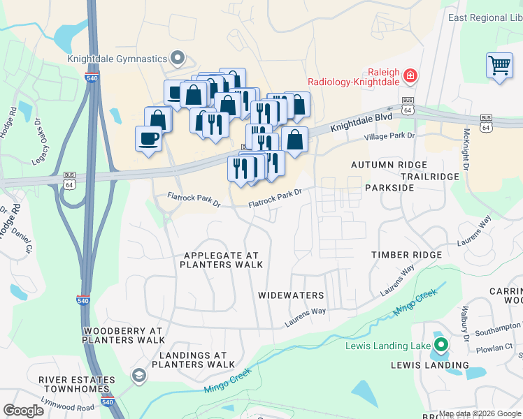 map of restaurants, bars, coffee shops, grocery stores, and more near 1210 Emerald Common Drive in Knightdale