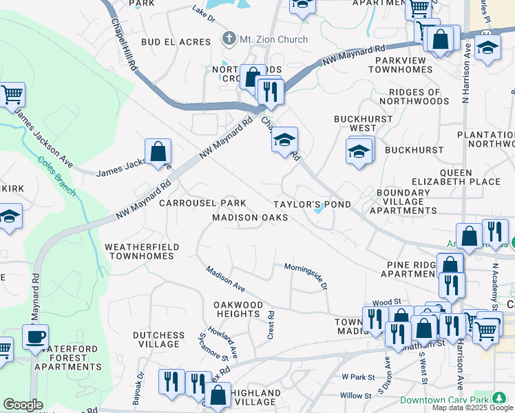 map of restaurants, bars, coffee shops, grocery stores, and more near 923 Madison Avenue in Cary