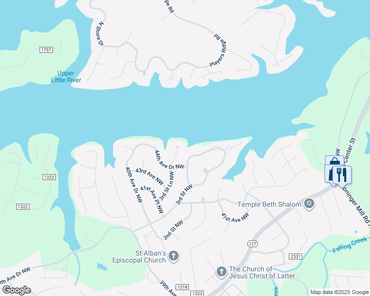 map of restaurants, bars, coffee shops, grocery stores, and more near 4444 3rd St Ln NW in Hickory