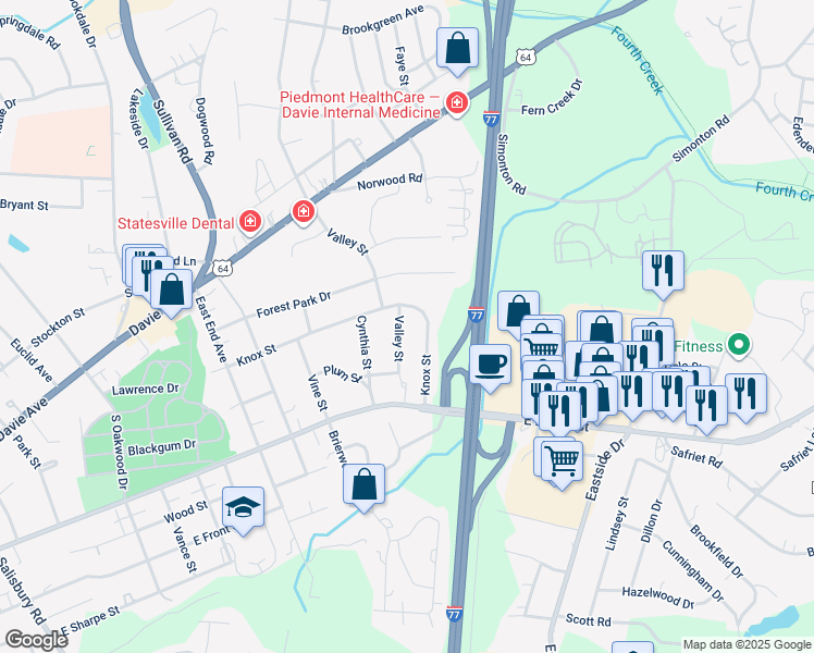 map of restaurants, bars, coffee shops, grocery stores, and more near 218 Valley Street in Statesville