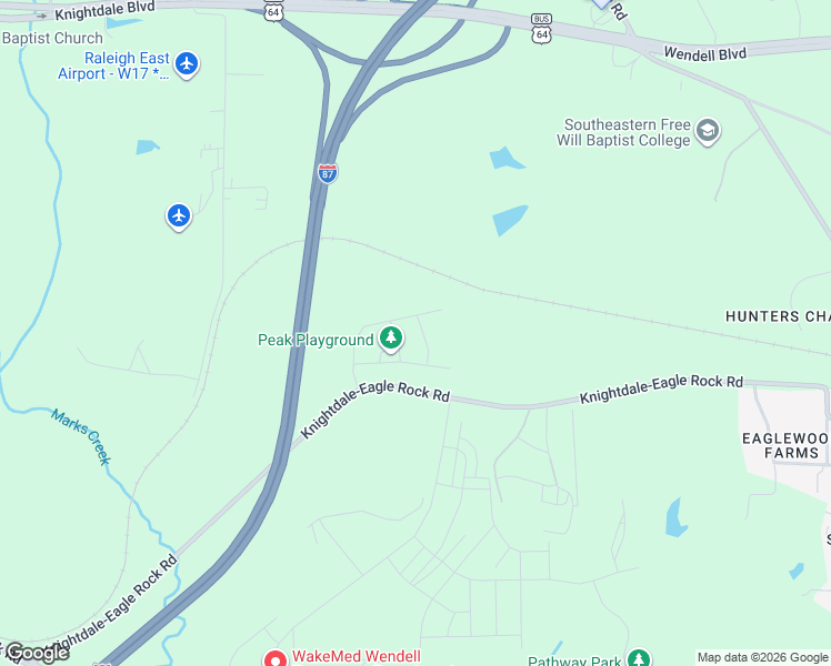 map of restaurants, bars, coffee shops, grocery stores, and more near 6121 Knightdale Eagle Rock Road in Wendell