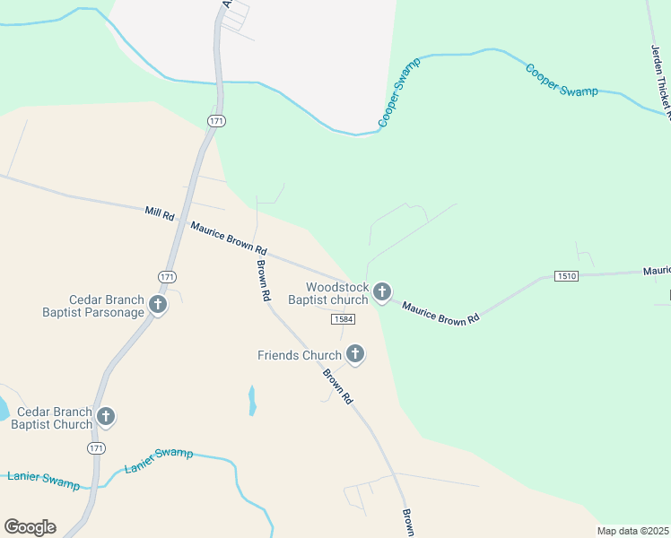 map of restaurants, bars, coffee shops, grocery stores, and more near 1425 Maurice Brown Road in Jamesville
