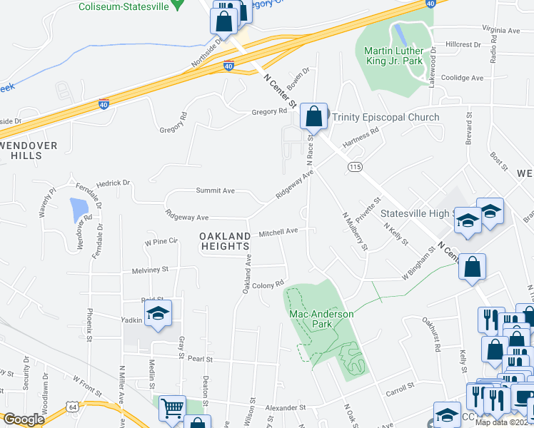 map of restaurants, bars, coffee shops, grocery stores, and more near 301 Ridgeway Avenue in Statesville