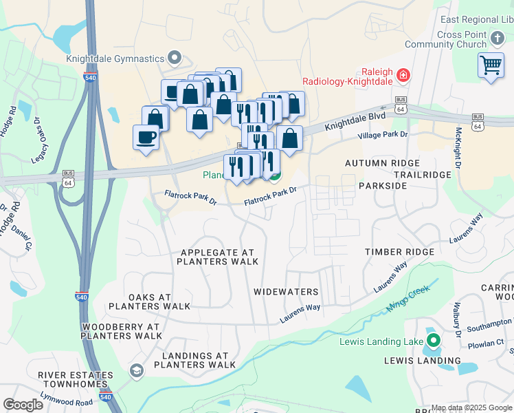 map of restaurants, bars, coffee shops, grocery stores, and more near 1210 Emerald Common Drive in Knightdale