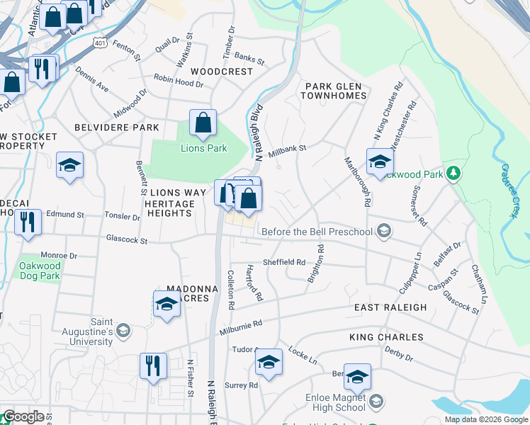 map of restaurants, bars, coffee shops, grocery stores, and more near 1134 Summerkings Court in Raleigh