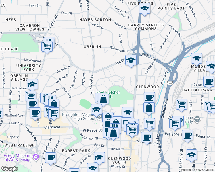 map of restaurants, bars, coffee shops, grocery stores, and more near 1121 Nicholwood Drive in Raleigh