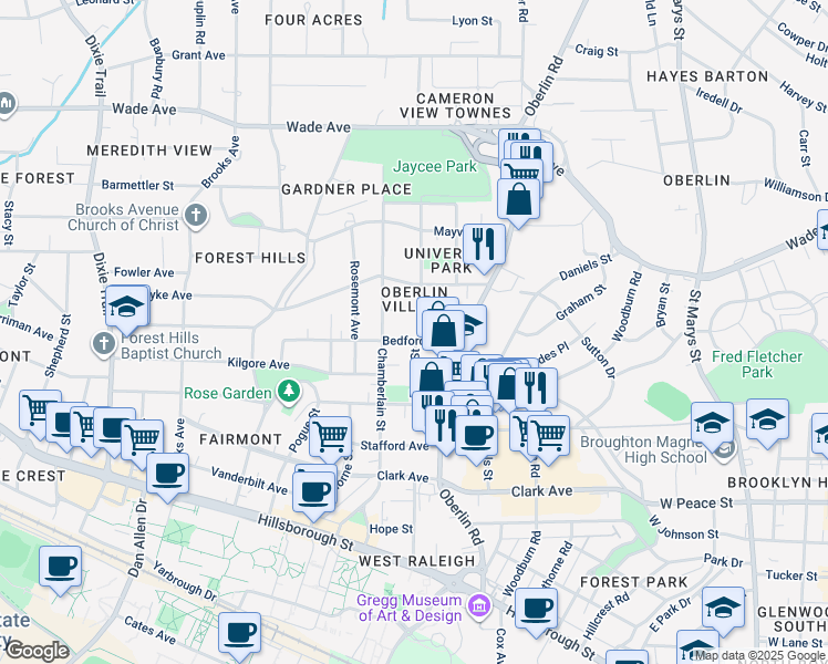 map of restaurants, bars, coffee shops, grocery stores, and more near in Raleigh