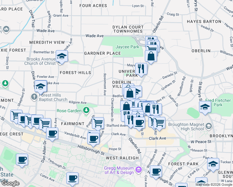 map of restaurants, bars, coffee shops, grocery stores, and more near in Raleigh