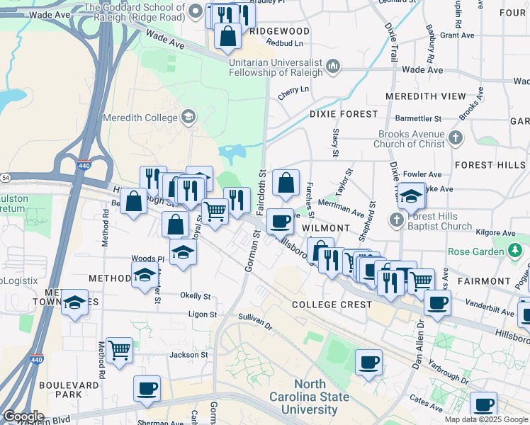 map of restaurants, bars, coffee shops, grocery stores, and more near 110 Faircloth Street in Raleigh
