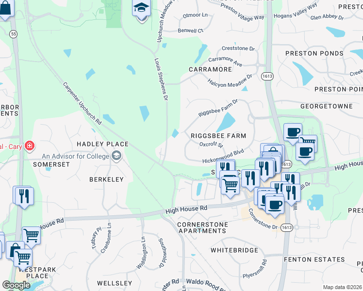 map of restaurants, bars, coffee shops, grocery stores, and more near 501 Riggsbee Farm Drive in Cary