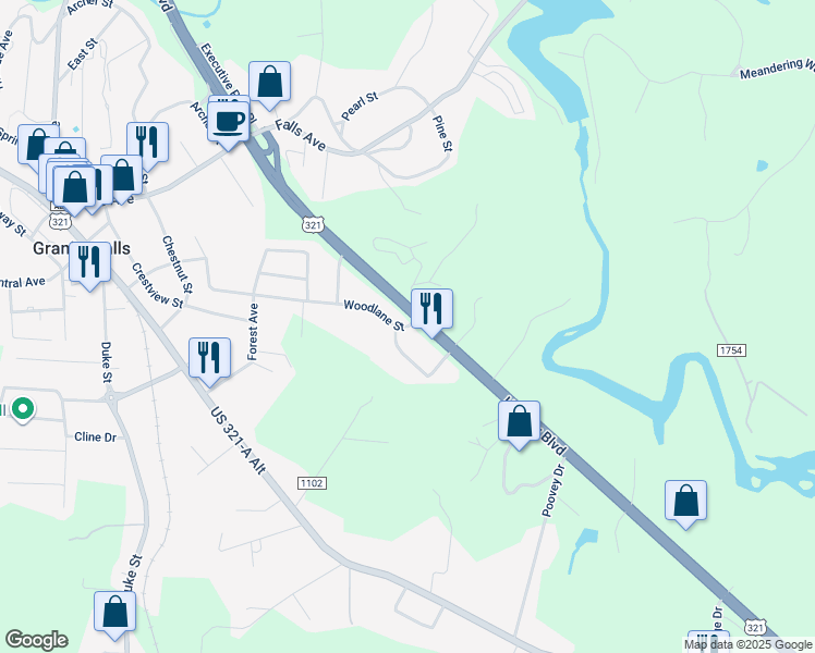map of restaurants, bars, coffee shops, grocery stores, and more near 113 Woodlane Street in Granite Falls