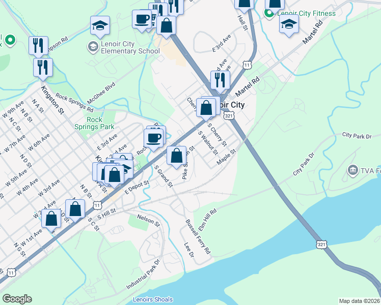 map of restaurants, bars, coffee shops, grocery stores, and more near 107 Pike Street in Lenoir City