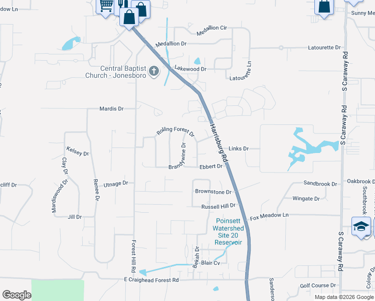 map of restaurants, bars, coffee shops, grocery stores, and more near 1011 Rolling Forest Drive in Jonesboro