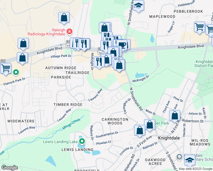 map of restaurants, bars, coffee shops, grocery stores, and more near 1003 Mulford Court in Knightdale