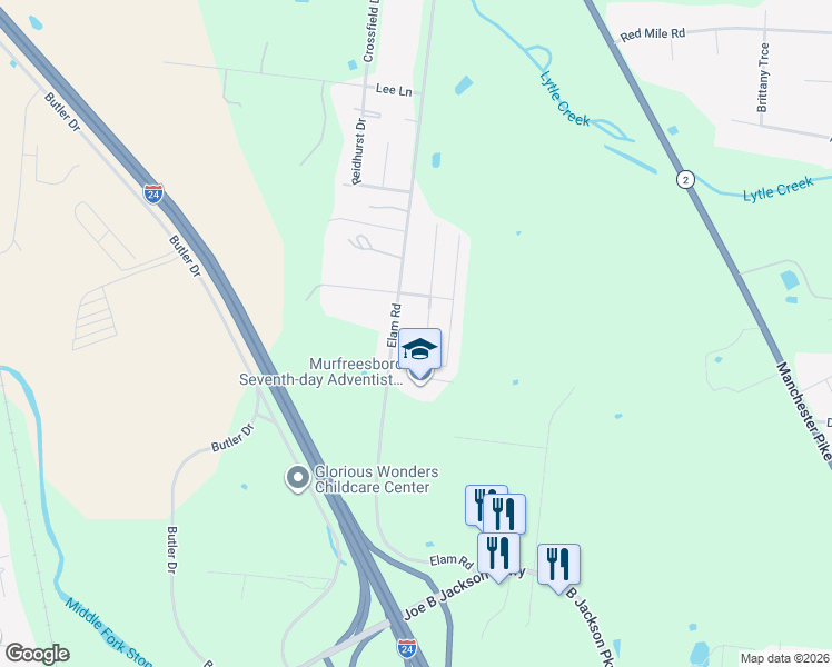 map of restaurants, bars, coffee shops, grocery stores, and more near 2215 Ambergate Drive in Murfreesboro