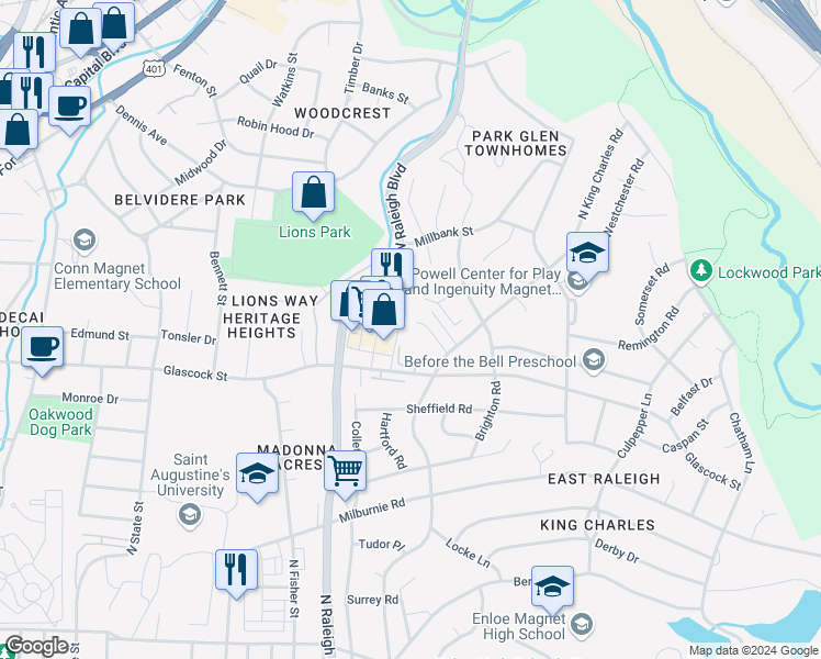 map of restaurants, bars, coffee shops, grocery stores, and more near 1131 Summerkings Court in Raleigh
