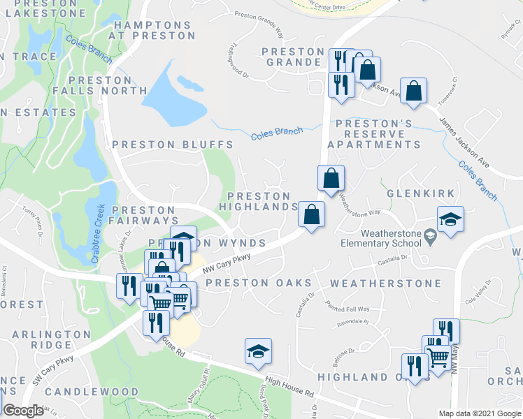 map of restaurants, bars, coffee shops, grocery stores, and more near 120 High Country Drive in Cary