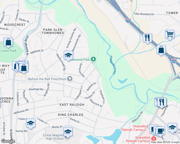 map of restaurants, bars, coffee shops, grocery stores, and more near 2516 Remington Road in Raleigh