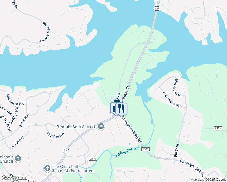 map of restaurants, bars, coffee shops, grocery stores, and more near 4521 1st Street Northwest in Hickory