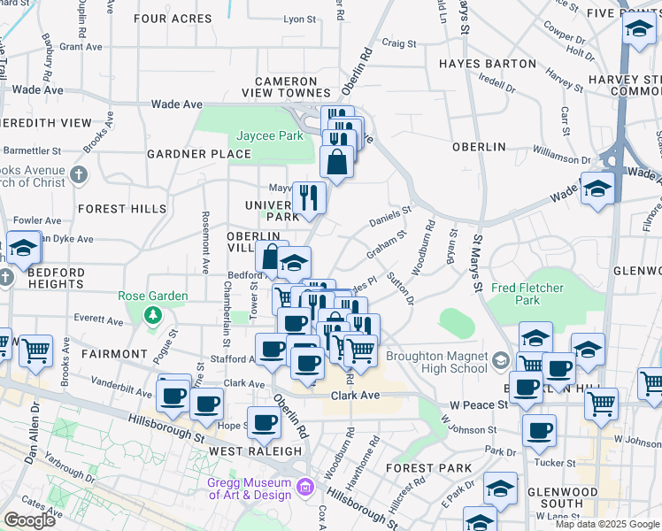 map of restaurants, bars, coffee shops, grocery stores, and more near 707 Daniels Street in Raleigh