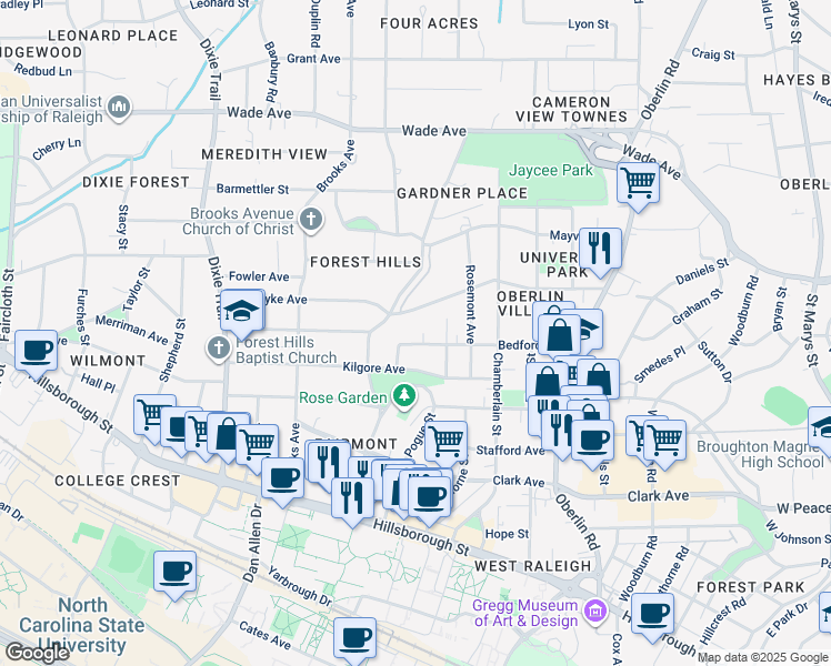map of restaurants, bars, coffee shops, grocery stores, and more near 2627 Van Dyke Avenue in Raleigh